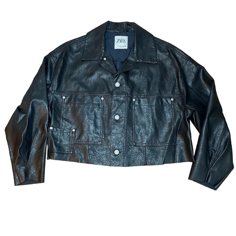 Zara Women’s Black Faux Leather Cropped Raw Hem‎ Jacket Size: XS *See Photos